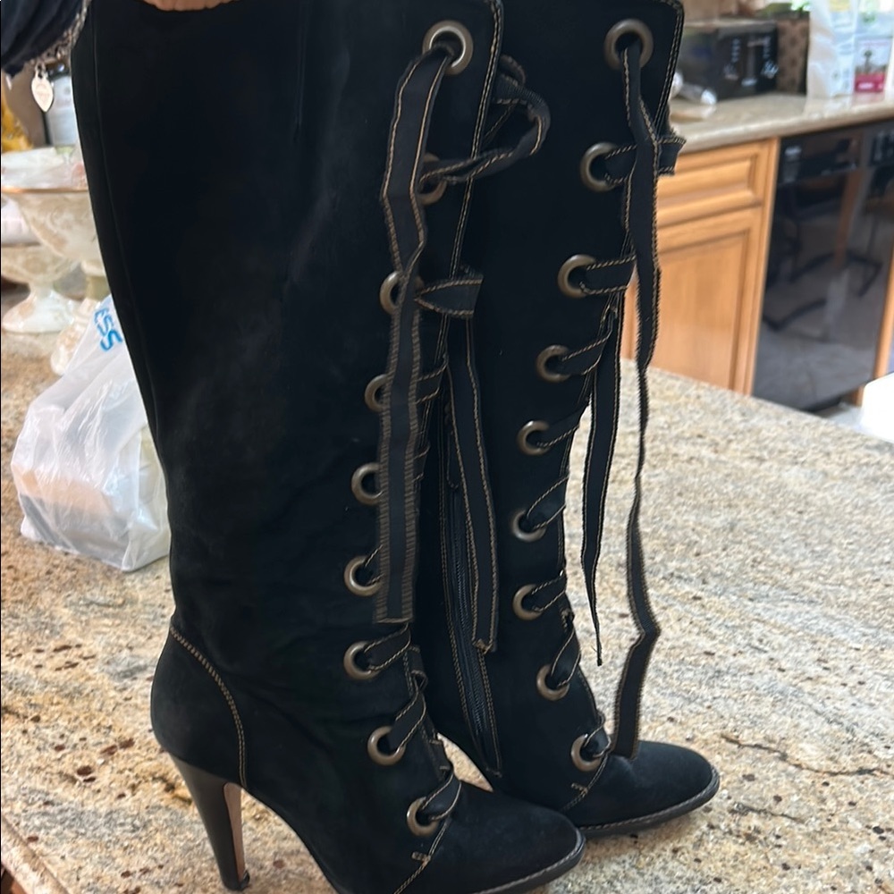 Black Lace-Up Knee-High Boots